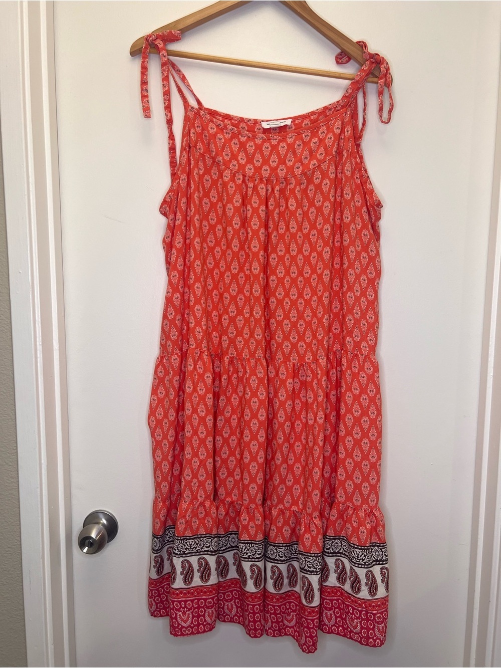 Beach Lunch Lounge Boho Tiered Sundress XXL Coral Paisley Tie Strap Summer Dress